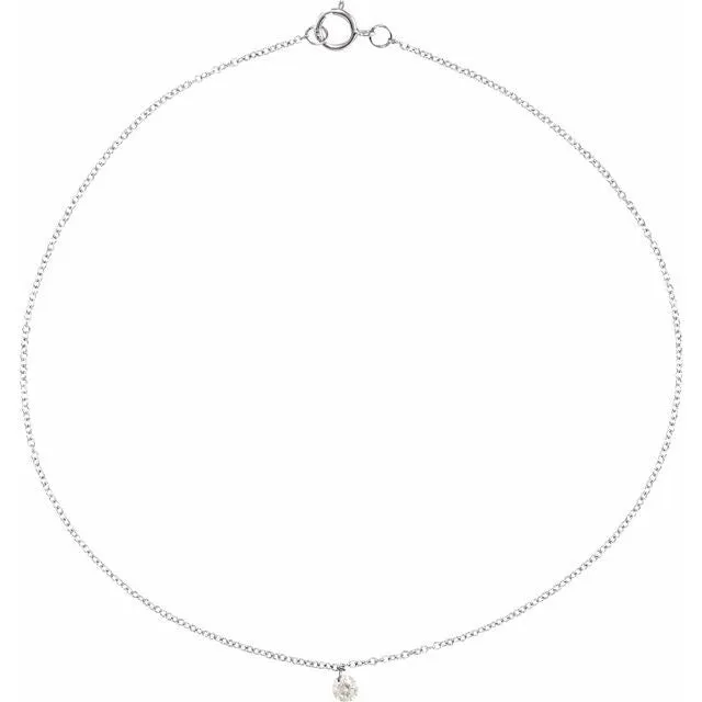 14K White Gold 1/6 CT Drilled Natural Diamond Solitaire 8-9" Anklet