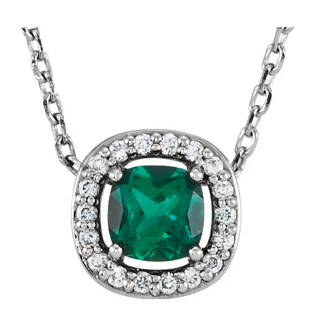 14k White Gold Chatham® Created Emerald & .04 CTW Diamond 16" Necklace