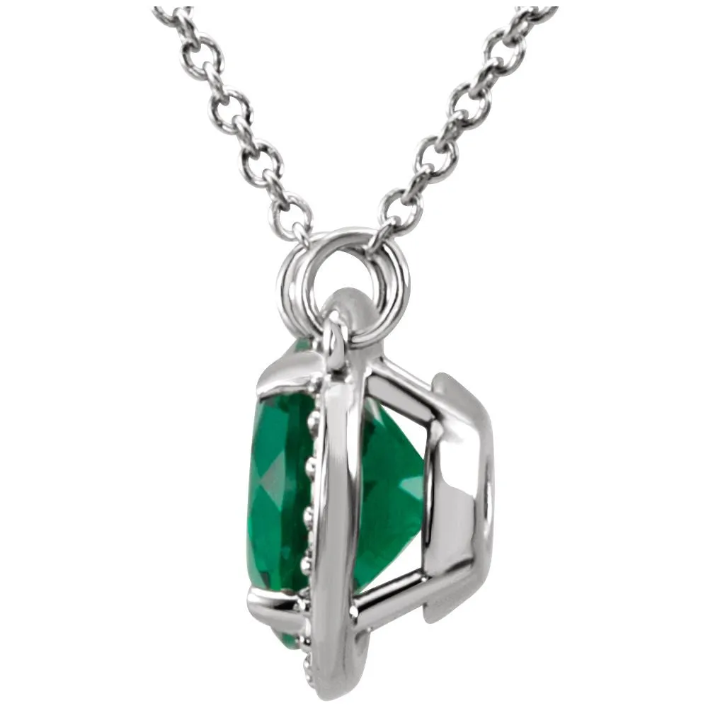14k White Gold Chatham® Created Emerald & .05 CTW Diamond 16" Necklace