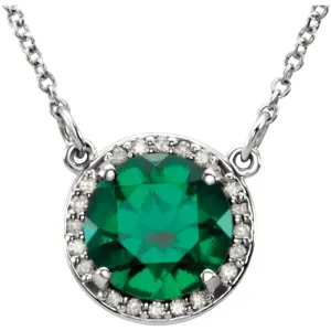 14k White Gold Chatham® Created Emerald & .05 CTW Diamond 16" Necklace