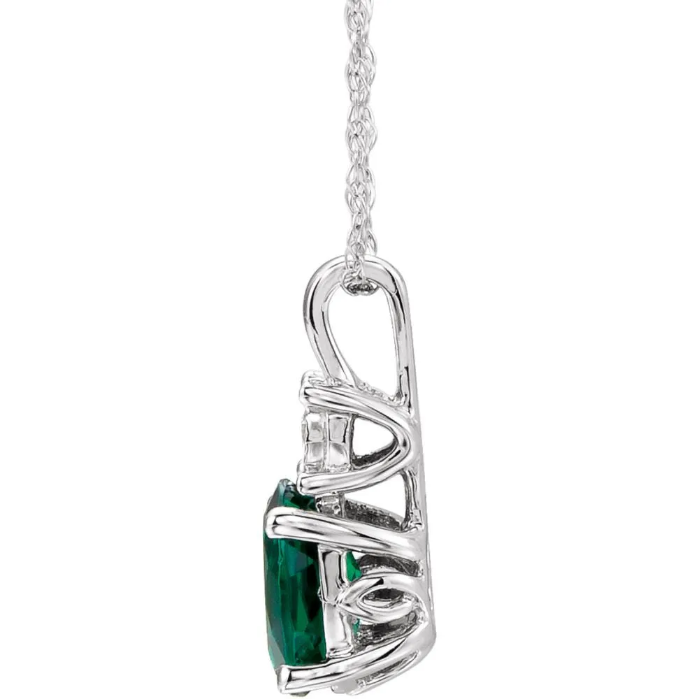 14k White Gold Created Emerald & .02 CTW Diamond Necklace