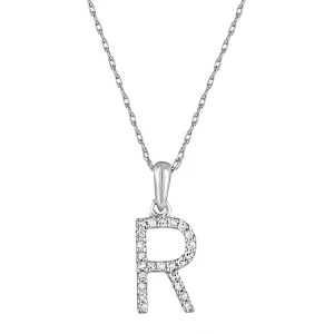 14K White Gold Diamond "R" Initial Necklace