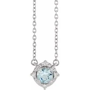 14K White Natural Aquamarine & .04 CTW Natural Diamond Halo-Style 18" Necklace