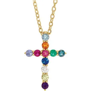 14K Yellow 14.6x10.5 mm .03 CT Multi-Gemstone Cross 16-18" Necklace