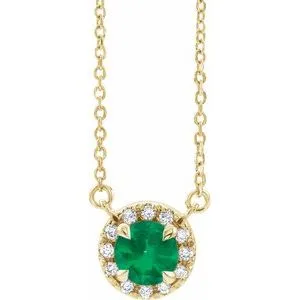 14K Yellow 5.5 mm Lab-Grown Emerald 1/10 CTW Natural Diamond 18" Necklace