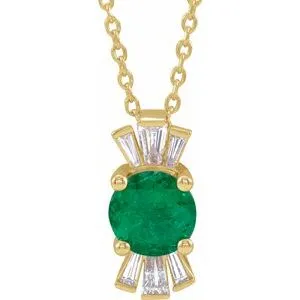 14K Yellow Chatham® Lab-Created Emerald & 1/6 CTW Diamond 16-18" Necklace