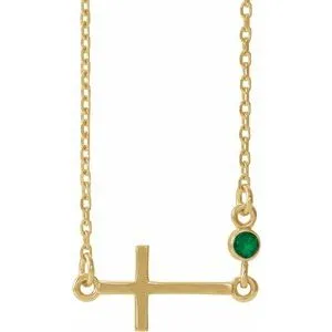 14K Yellow Emerald Sideways Cross 16-18" Necklace