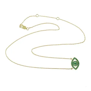 14K Yellow Gold Pave Emerald Gemstone Evil Eye Choker Necklace