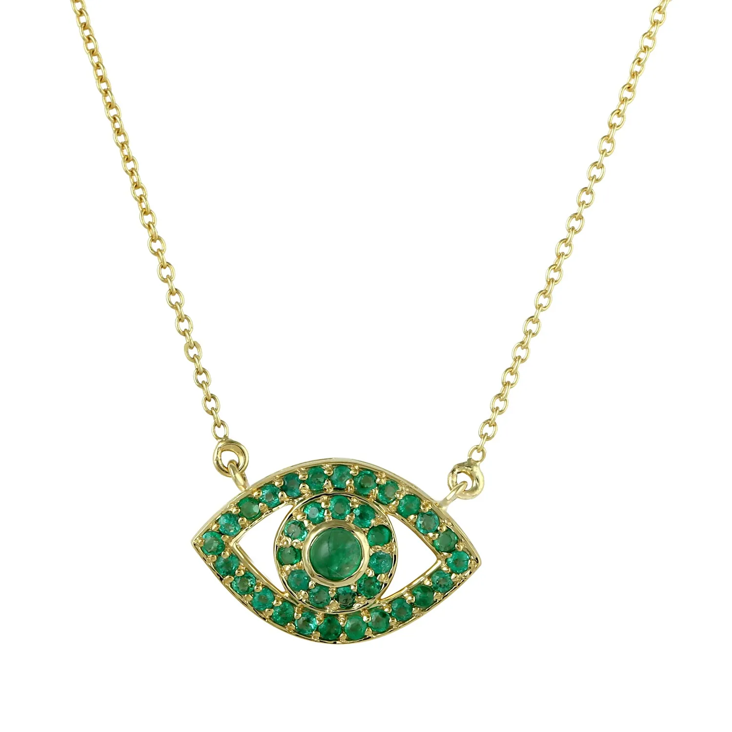 14K Yellow Gold Pave Emerald Gemstone Evil Eye Choker Necklace