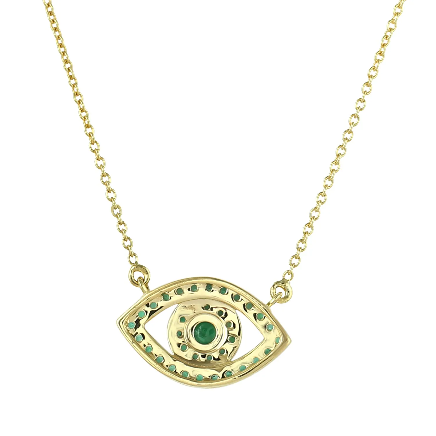 14K Yellow Gold Pave Emerald Gemstone Evil Eye Choker Necklace