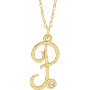 14K Yellow Gold-Plated .02 CT Diamond Script Initial P 16-18" Necklace