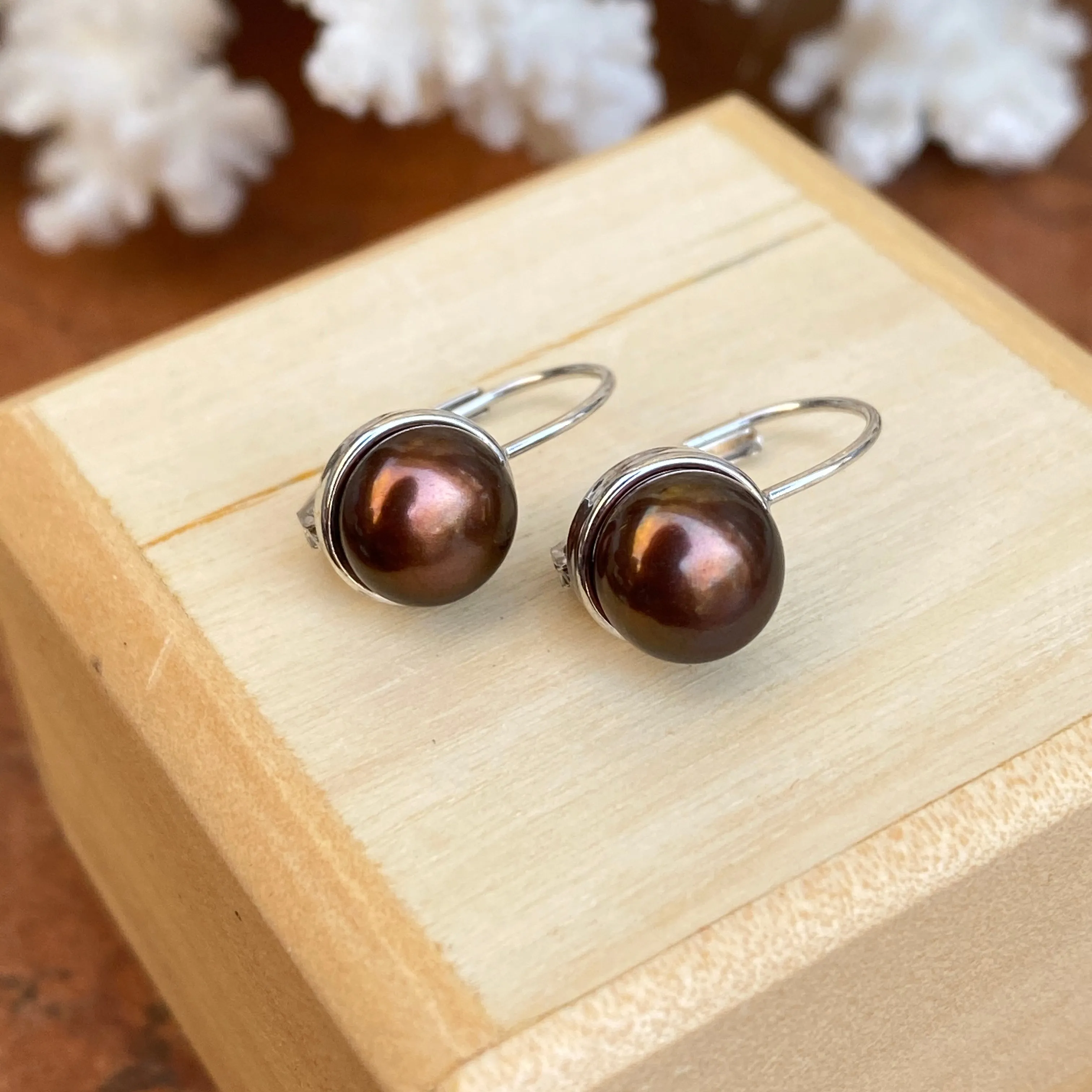 14KT White Gold  Chocolate Freshwater Pearl Euro Wire Drop Earrings