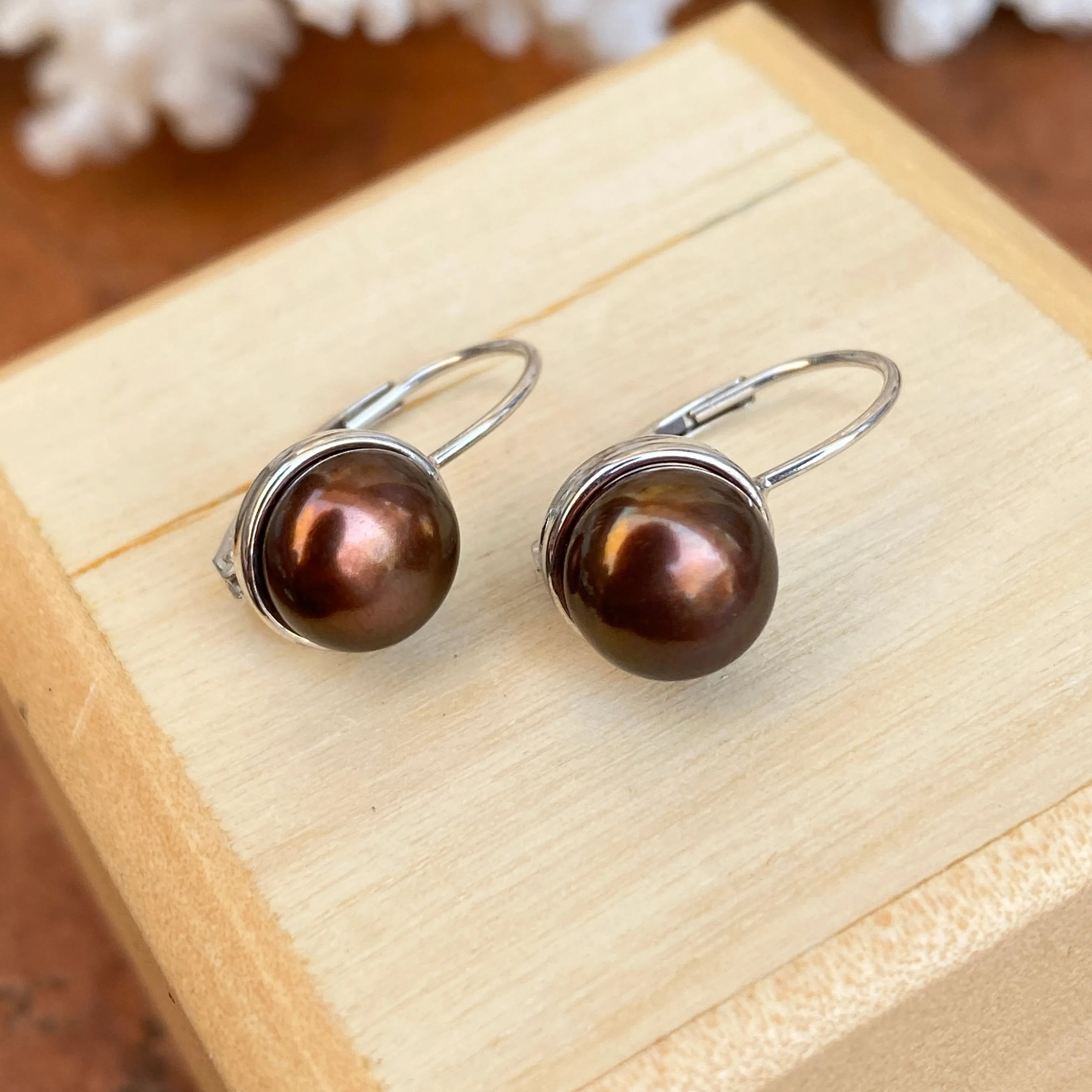 14KT White Gold  Chocolate Freshwater Pearl Euro Wire Drop Earrings