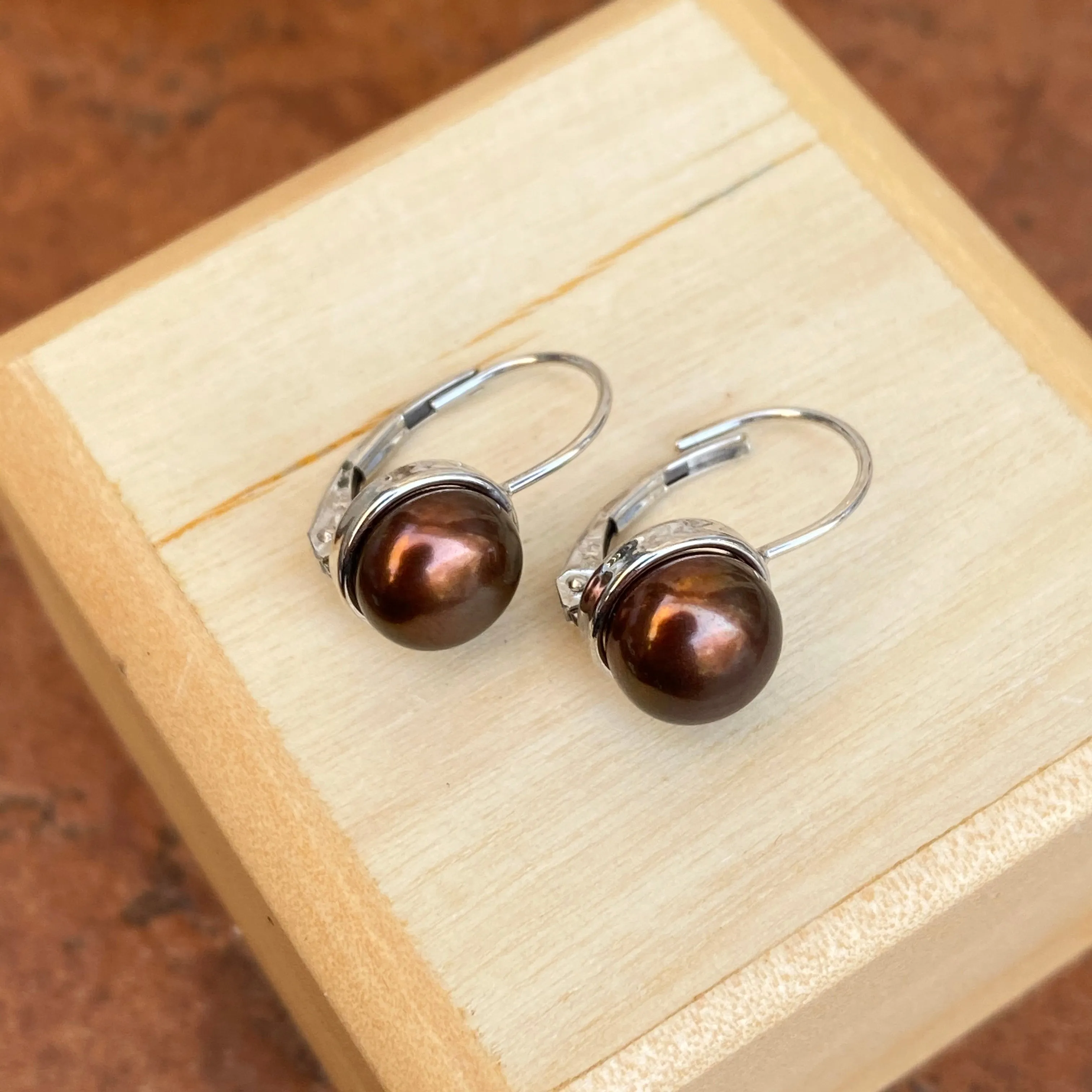 14KT White Gold  Chocolate Freshwater Pearl Euro Wire Drop Earrings