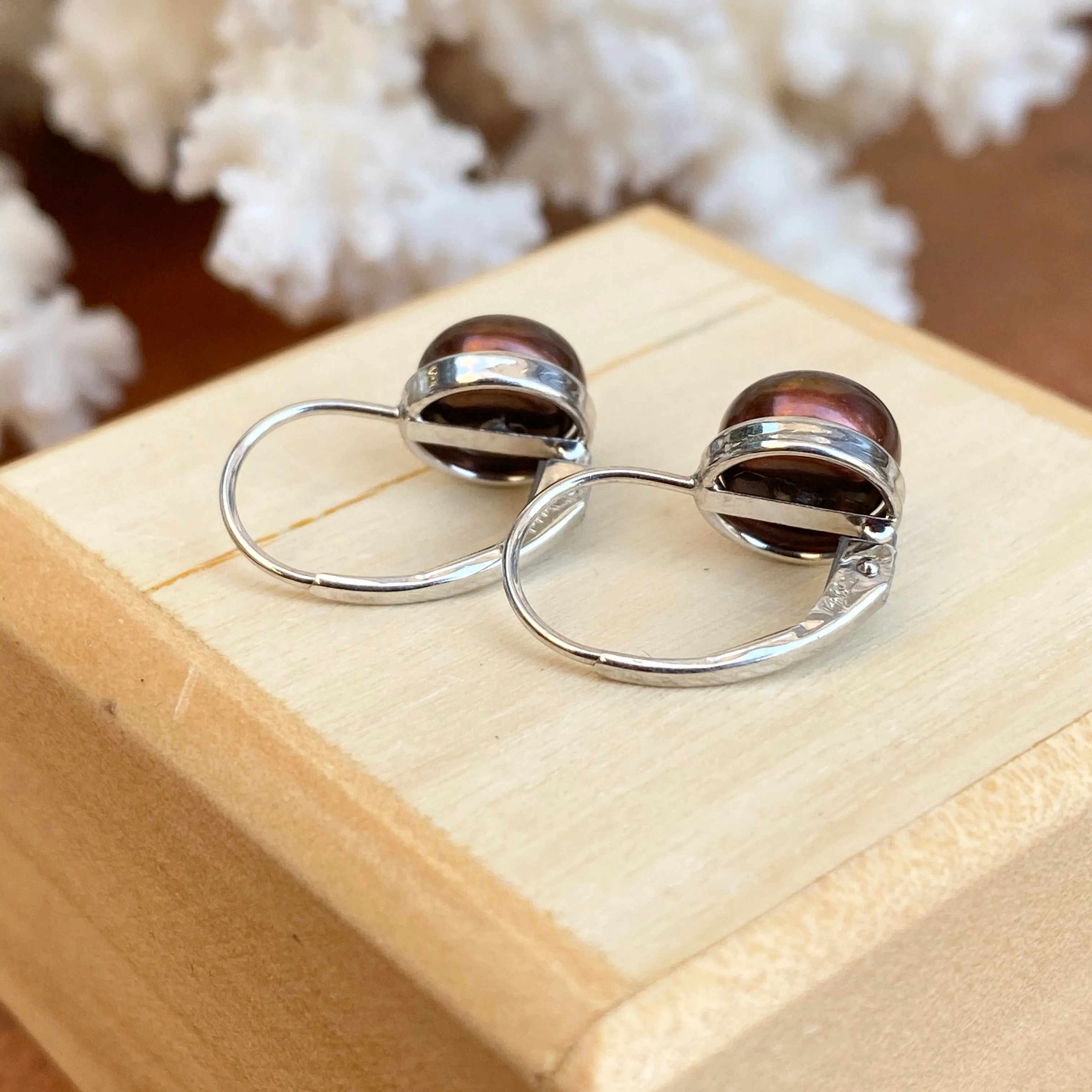 14KT White Gold  Chocolate Freshwater Pearl Euro Wire Drop Earrings