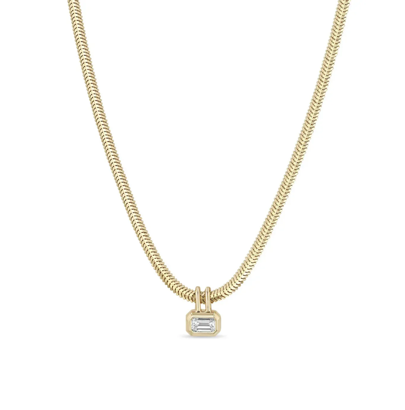 14KY Emerald Cut Diamond Pendant Snake Chain Necklace
