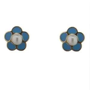 18K Solid Yellow Gold Blue Enamel and Pearl Flower Screwback Earrings
