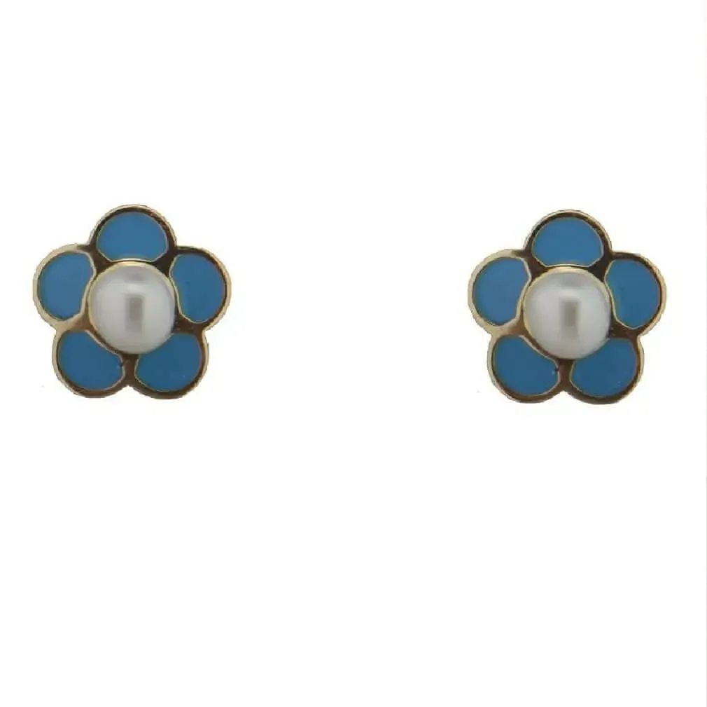 18K Solid Yellow Gold Blue Enamel and Pearl Flower Screwback Earrings