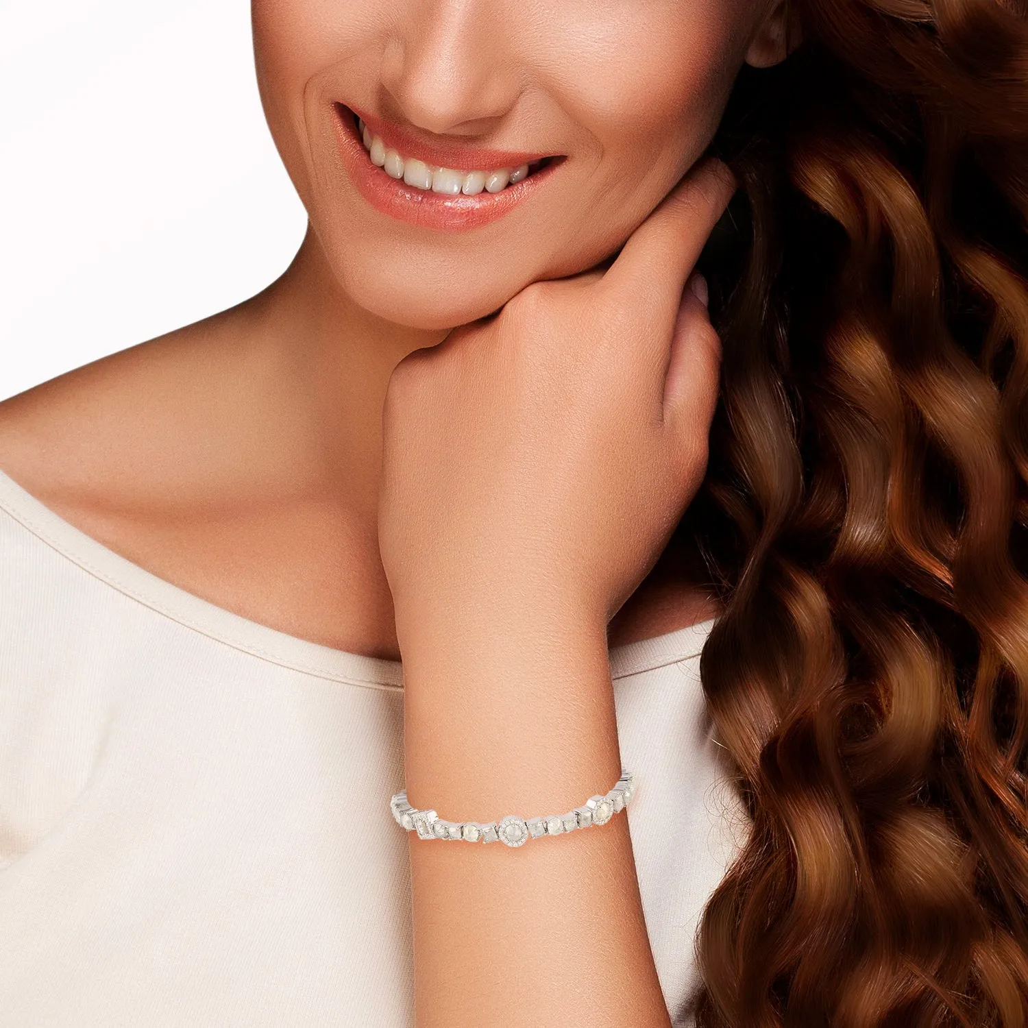 18K White Gold Open Cuff Bracelet Prong Natural Ice Diamond Wedding Jewelry