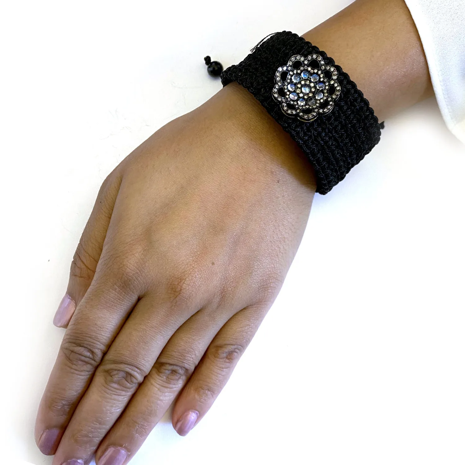 18k White Gold Pave Diamond Macrame Bracelet For Women