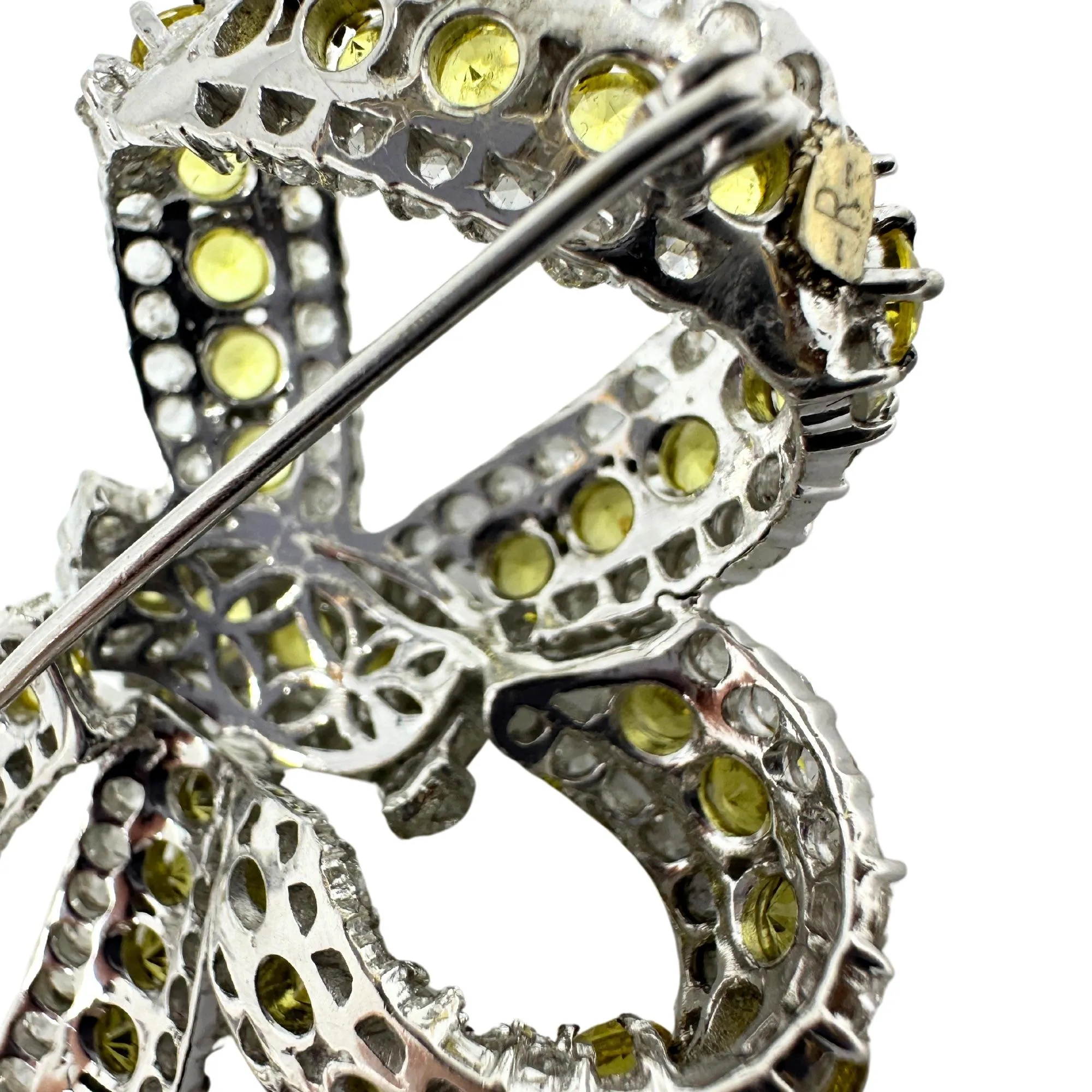 18K White Gold Rose Cut Diamond and Yellow Sapphire Bow Brooch