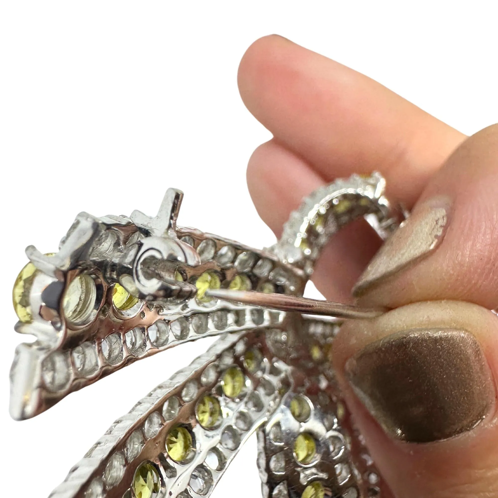 18K White Gold Rose Cut Diamond and Yellow Sapphire Bow Brooch
