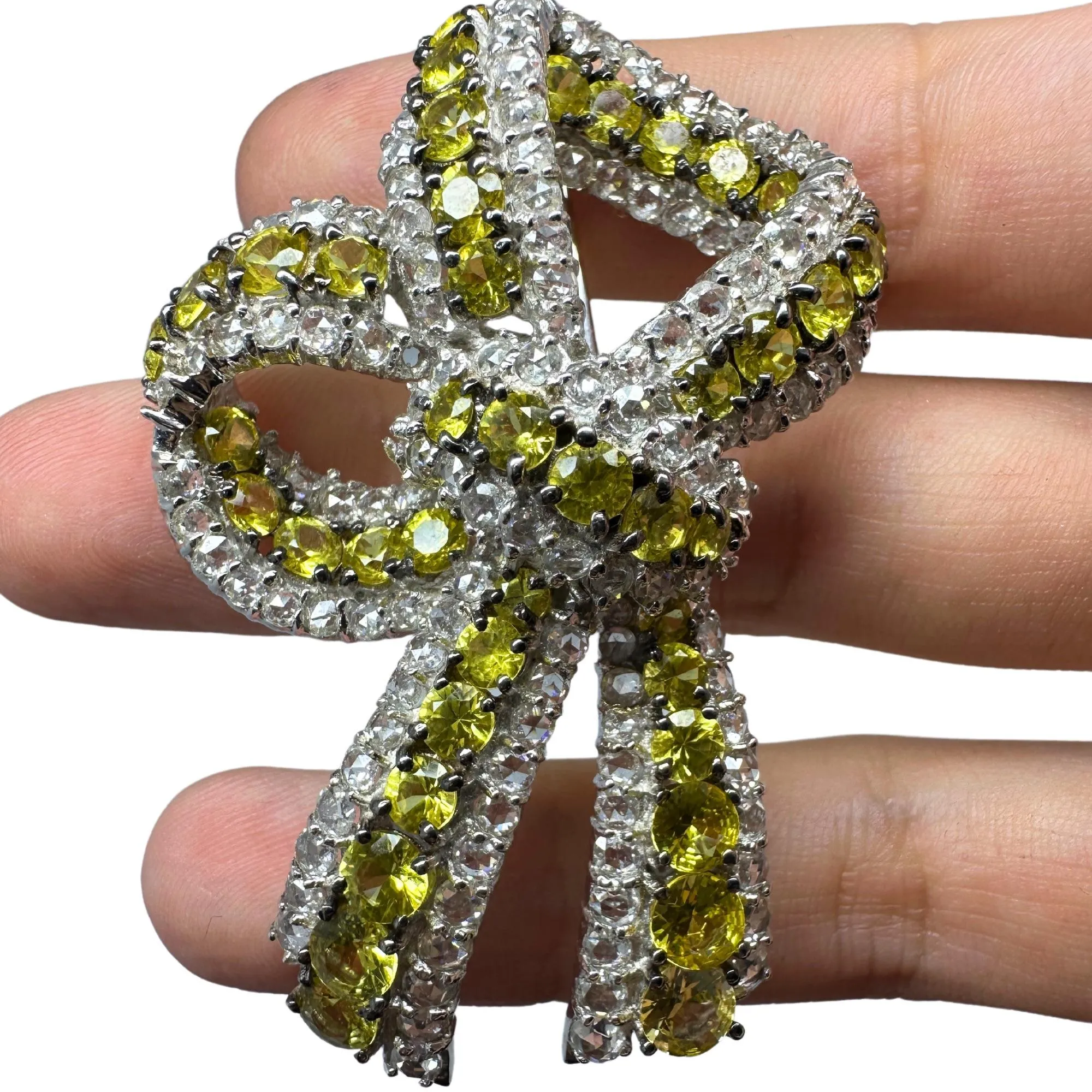 18K White Gold Rose Cut Diamond and Yellow Sapphire Bow Brooch