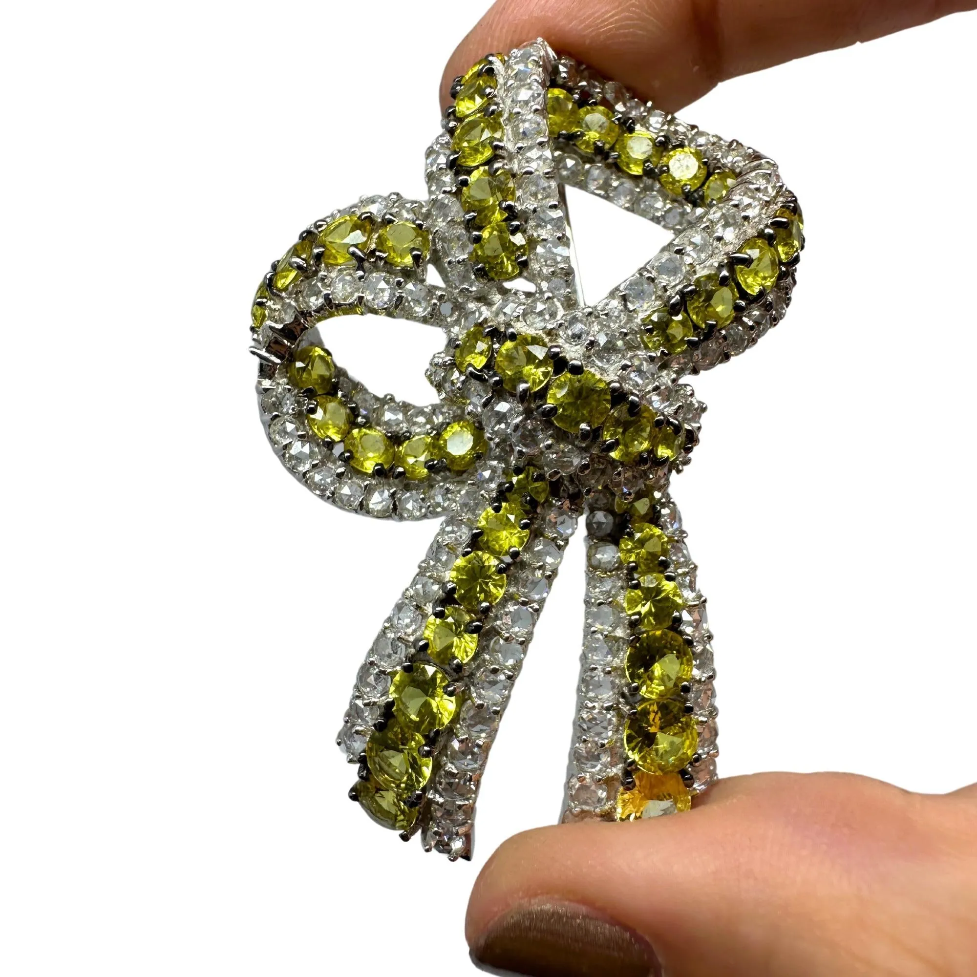 18K White Gold Rose Cut Diamond and Yellow Sapphire Bow Brooch