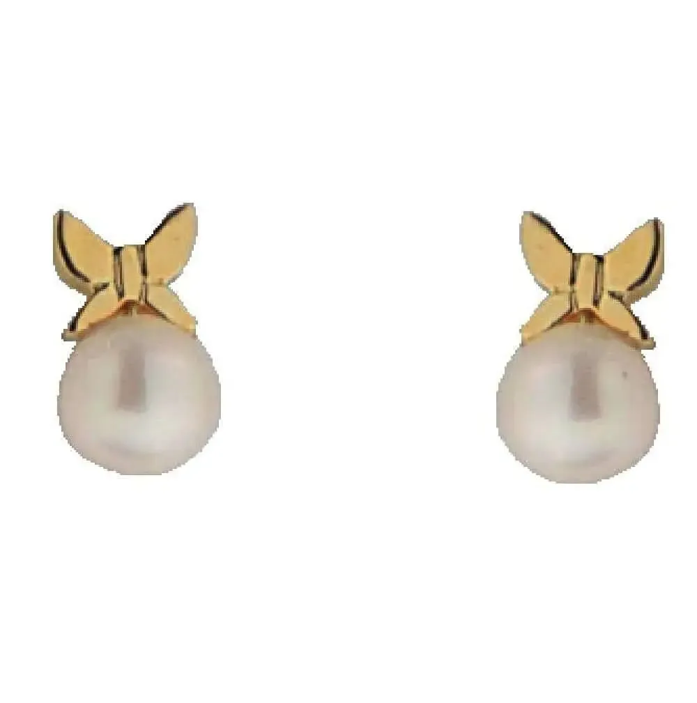 18K Yellow Gold Butterfly and Pearl Screwback Earrings
