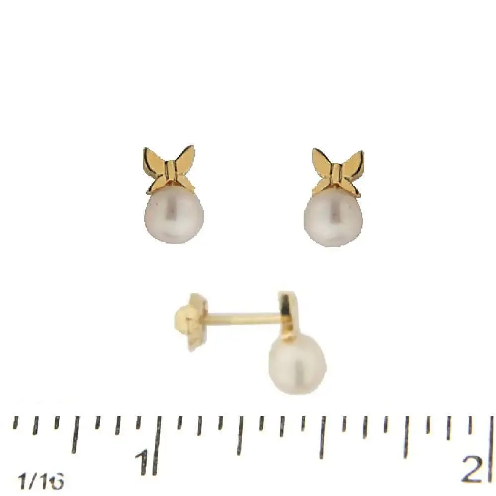 18K Yellow Gold Butterfly and Pearl Screwback Earrings