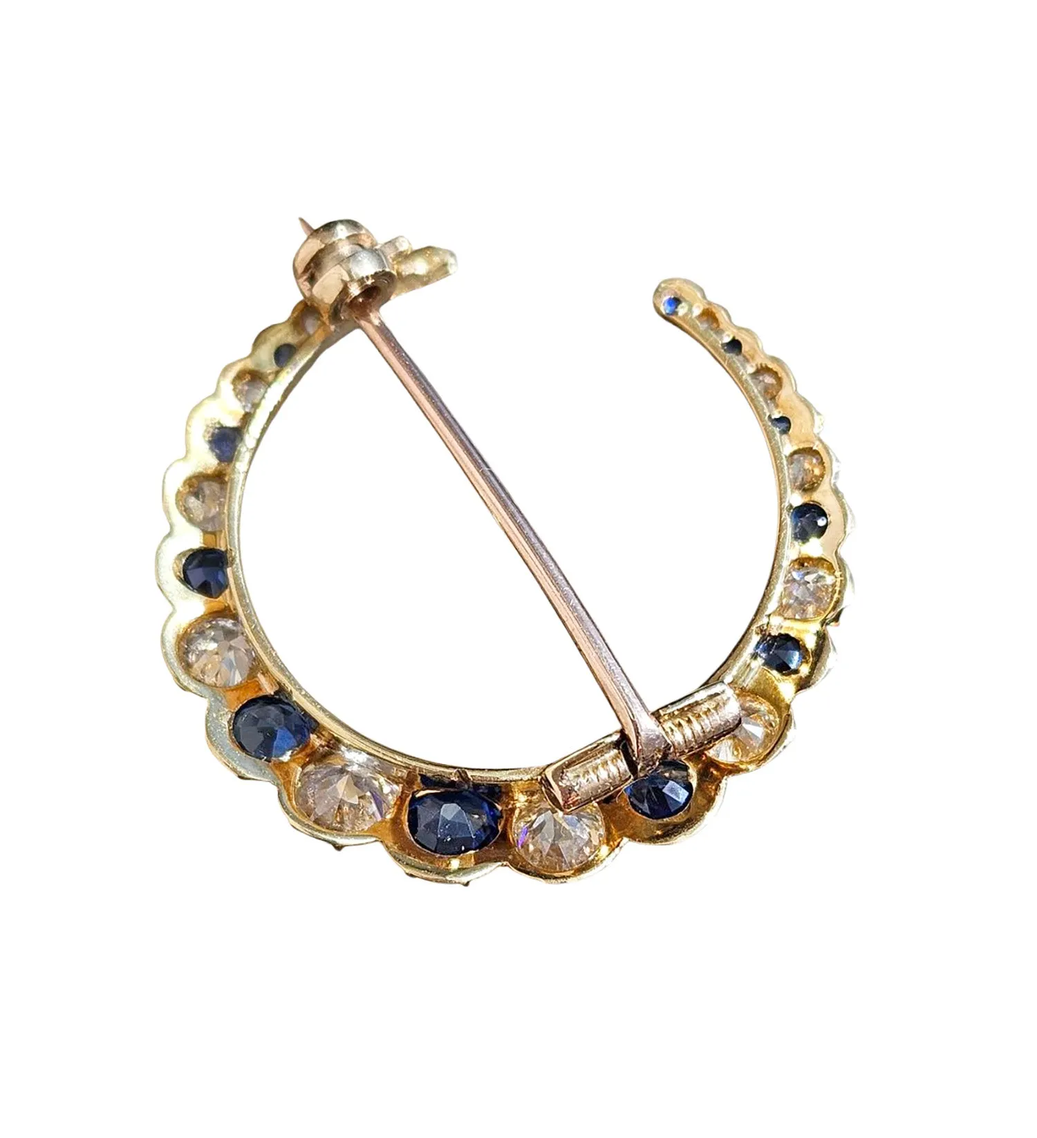 1900s Edwardian English GIA 3.0ctw Royal Blue Unheated Sapphires & Old Cut Diamonds Crescent Moon 14K Yellow Gold Brooch Pin