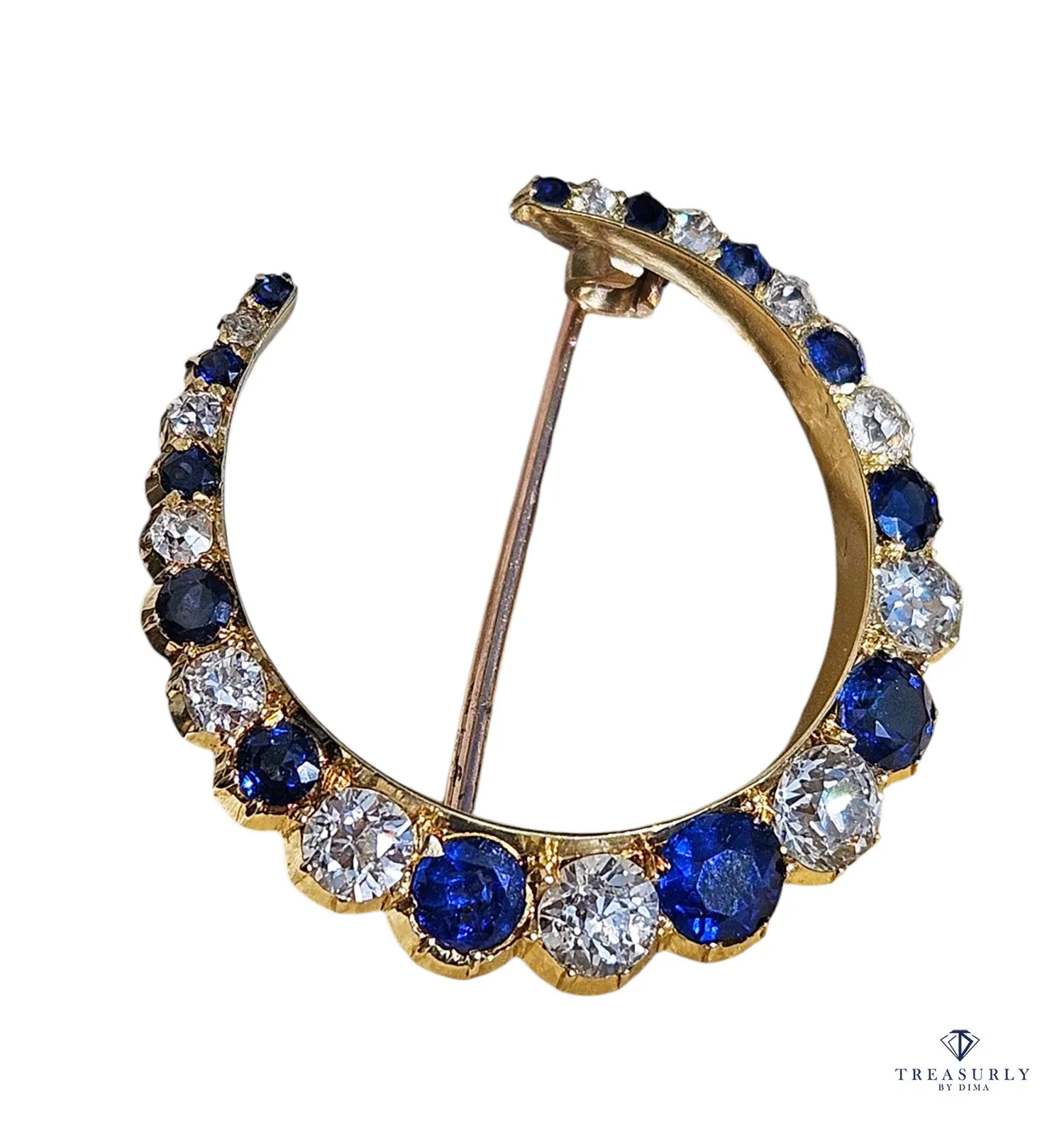 1900s Edwardian English GIA 3.0ctw Royal Blue Unheated Sapphires & Old Cut Diamonds Crescent Moon 14K Yellow Gold Brooch Pin