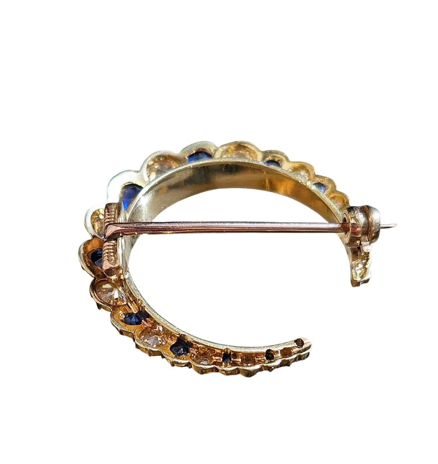 1900s Edwardian English GIA 3.0ctw Royal Blue Unheated Sapphires & Old Cut Diamonds Crescent Moon 14K Yellow Gold Brooch Pin