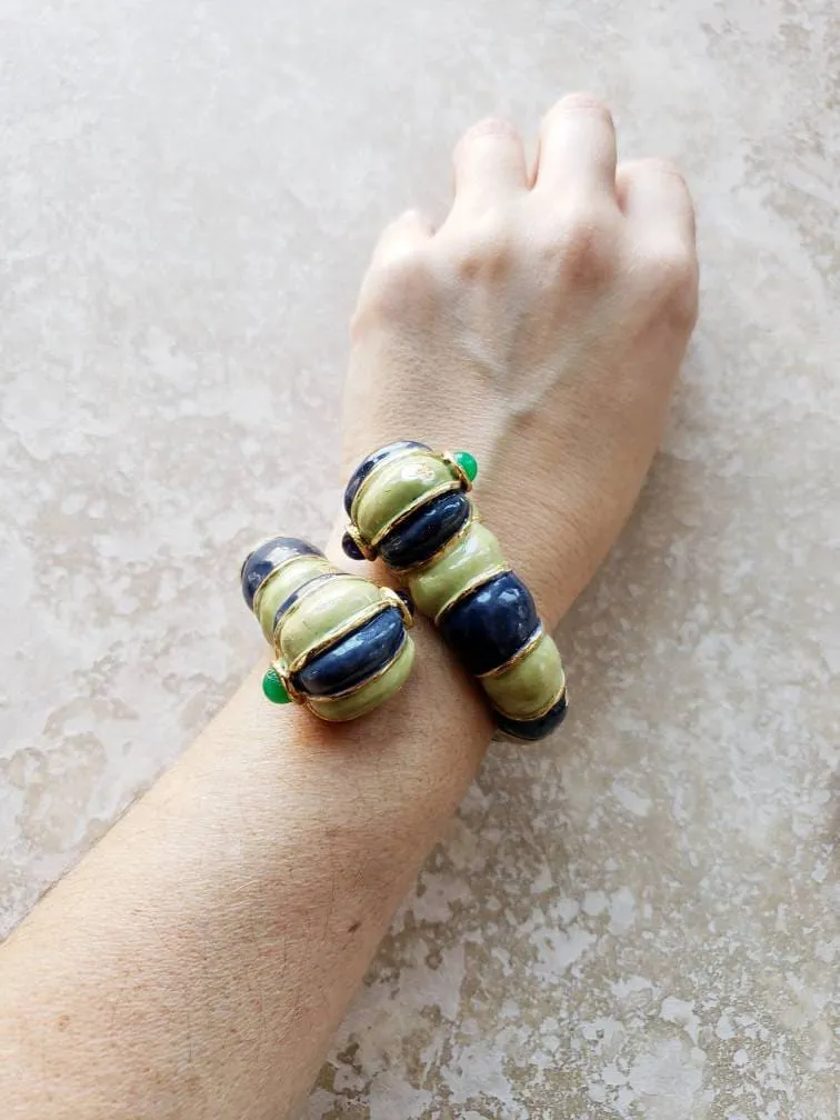 1960s Kenneth Jay Lane Hinged Bracelet Worm Slug Creature / 60s Designer Cuff Blue Green Enamel Fantasy Whimsical Insect Animal / Glaris