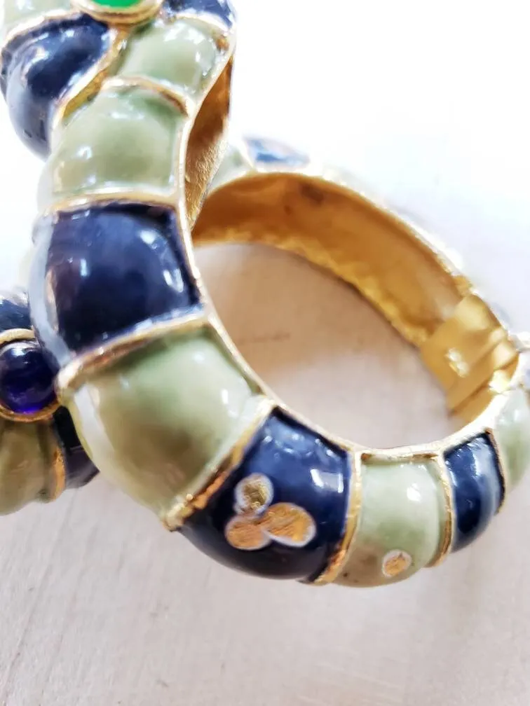 1960s Kenneth Jay Lane Hinged Bracelet Worm Slug Creature / 60s Designer Cuff Blue Green Enamel Fantasy Whimsical Insect Animal / Glaris