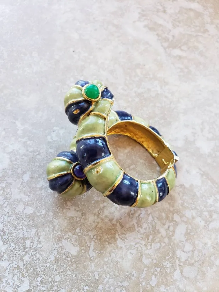 1960s Kenneth Jay Lane Hinged Bracelet Worm Slug Creature / 60s Designer Cuff Blue Green Enamel Fantasy Whimsical Insect Animal / Glaris