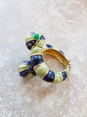 1960s Kenneth Jay Lane Hinged Bracelet Worm Slug Creature / 60s Designer Cuff Blue Green Enamel Fantasy Whimsical Insect Animal / Glaris