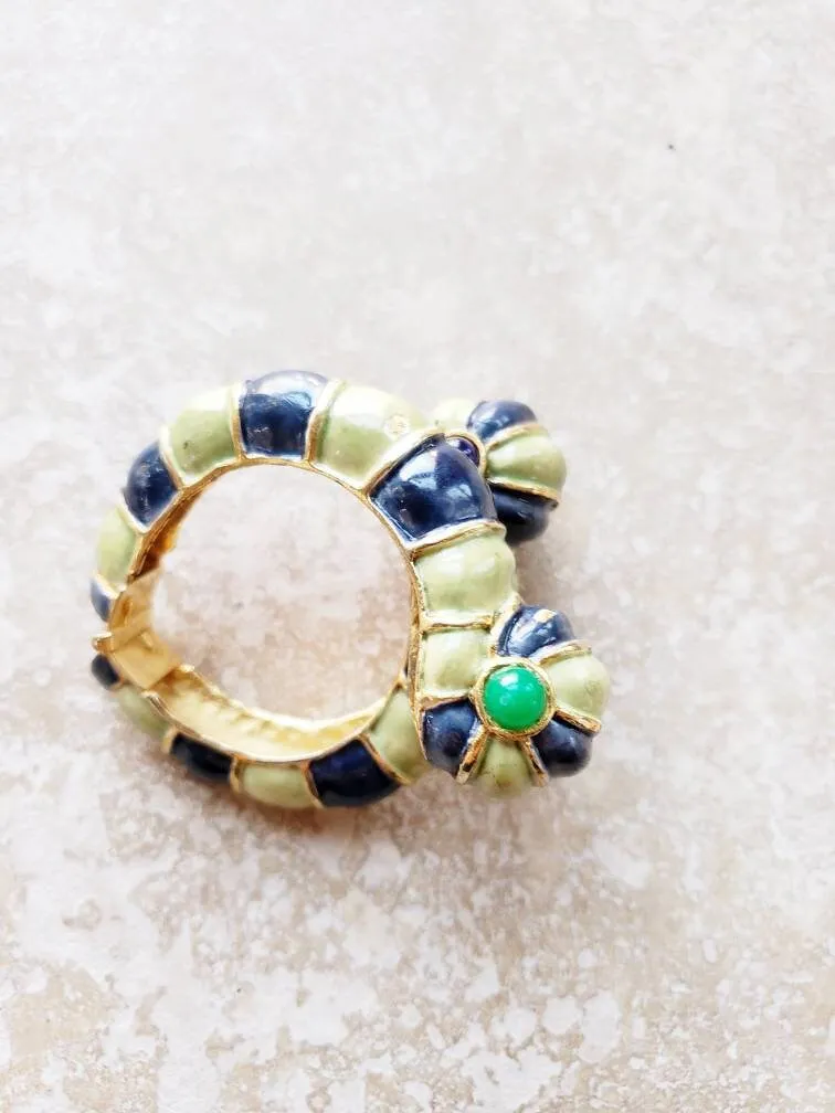 1960s Kenneth Jay Lane Hinged Bracelet Worm Slug Creature / 60s Designer Cuff Blue Green Enamel Fantasy Whimsical Insect Animal / Glaris