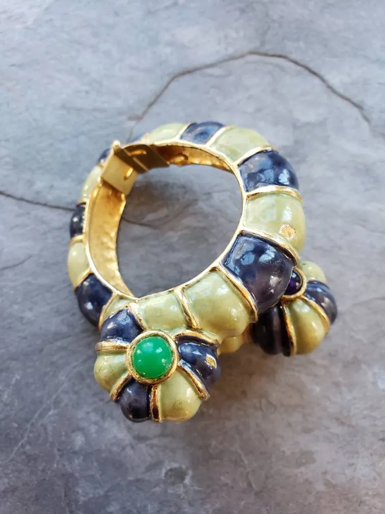 1960s Kenneth Jay Lane Hinged Bracelet Worm Slug Creature / 60s Designer Cuff Blue Green Enamel Fantasy Whimsical Insect Animal / Glaris
