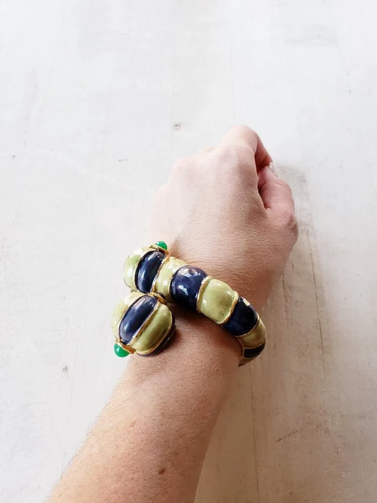 1960s Kenneth Jay Lane Hinged Bracelet Worm Slug Creature / 60s Designer Cuff Blue Green Enamel Fantasy Whimsical Insect Animal / Glaris