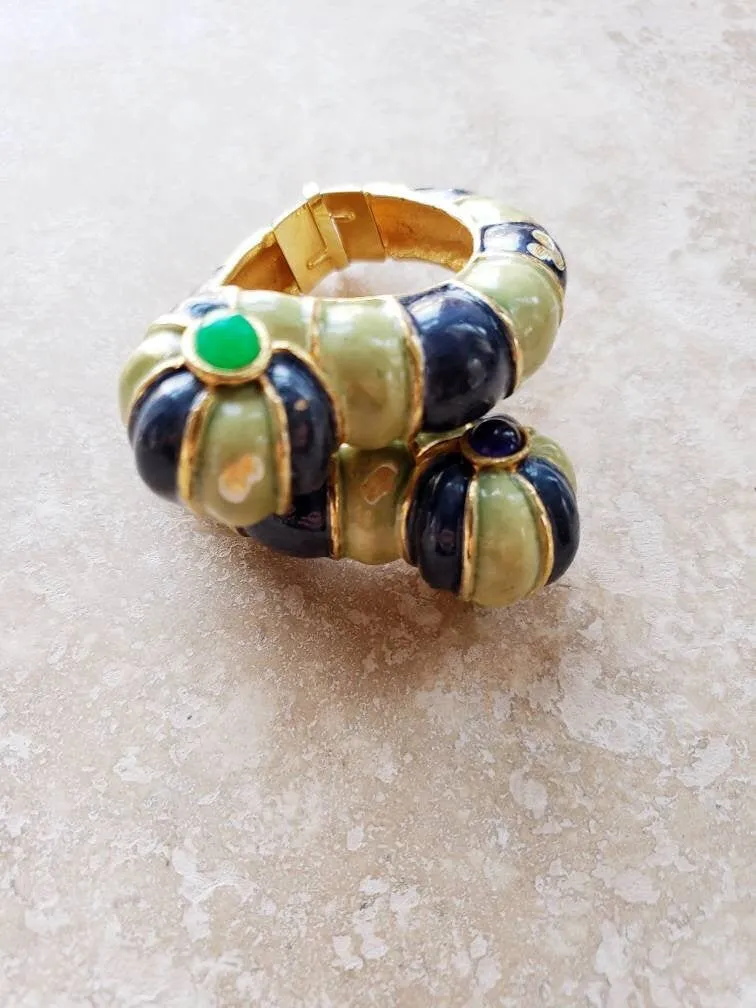 1960s Kenneth Jay Lane Hinged Bracelet Worm Slug Creature / 60s Designer Cuff Blue Green Enamel Fantasy Whimsical Insect Animal / Glaris