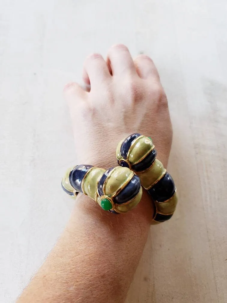 1960s Kenneth Jay Lane Hinged Bracelet Worm Slug Creature / 60s Designer Cuff Blue Green Enamel Fantasy Whimsical Insect Animal / Glaris