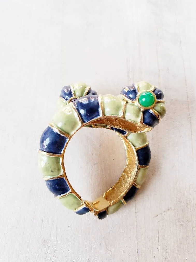 1960s Kenneth Jay Lane Hinged Bracelet Worm Slug Creature / 60s Designer Cuff Blue Green Enamel Fantasy Whimsical Insect Animal / Glaris