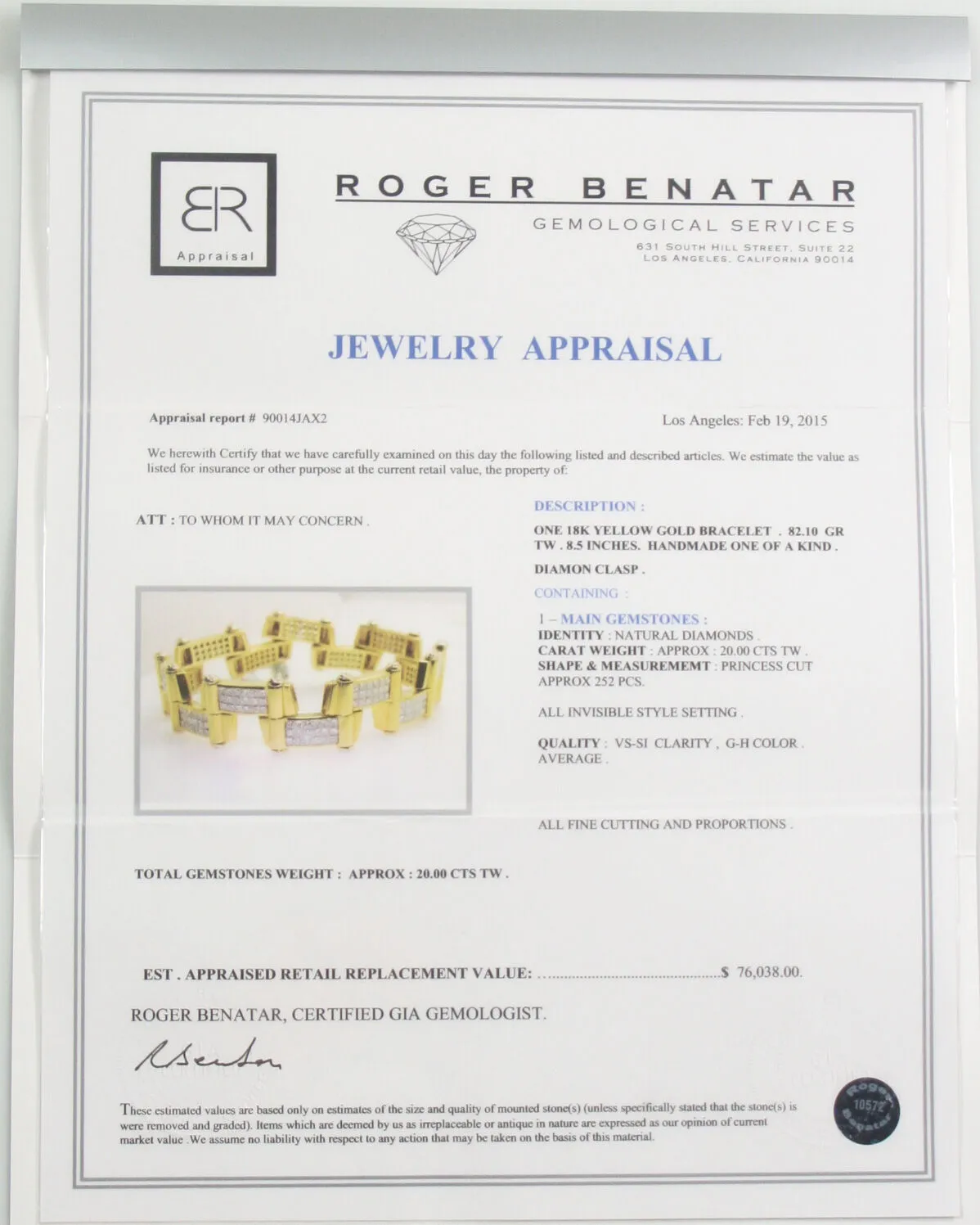 20.00 carat Diamond 18k Yellow Gold  Handmade 8.5 inch Link Bracelet