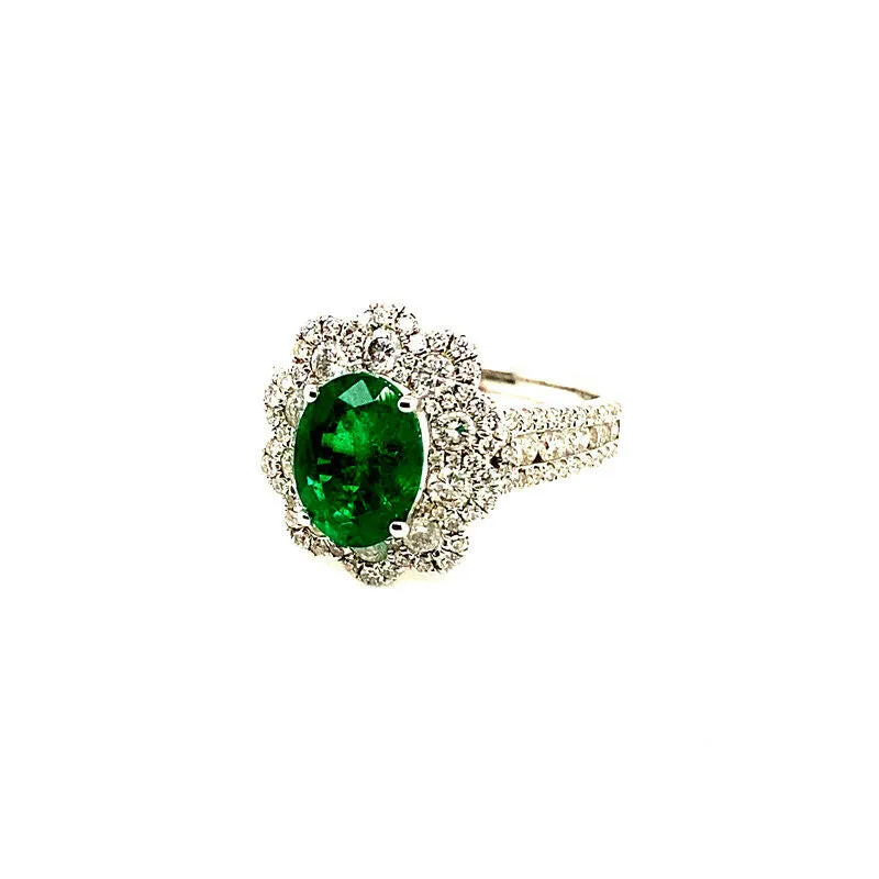 3.20 Carat Natural Oval Emerald & Diamond Ring 18K White Gold
