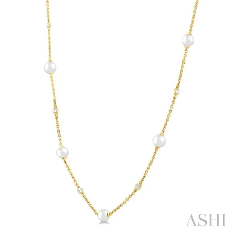 4 MM Round Shape Cultured Pearl and 1/6 ctw Round Cut Diamond Station Necklace in 14K Yellow Gold