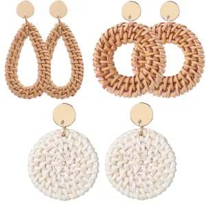 4 Pairs Rattan Earrings for Women Beach Earrings for Women Large Earrings Straw Earrings for Women Geometric Tassel Woven Bohemian Earrings Straw Wicker Braid Hoop Drop Dangle Earrings for Women
