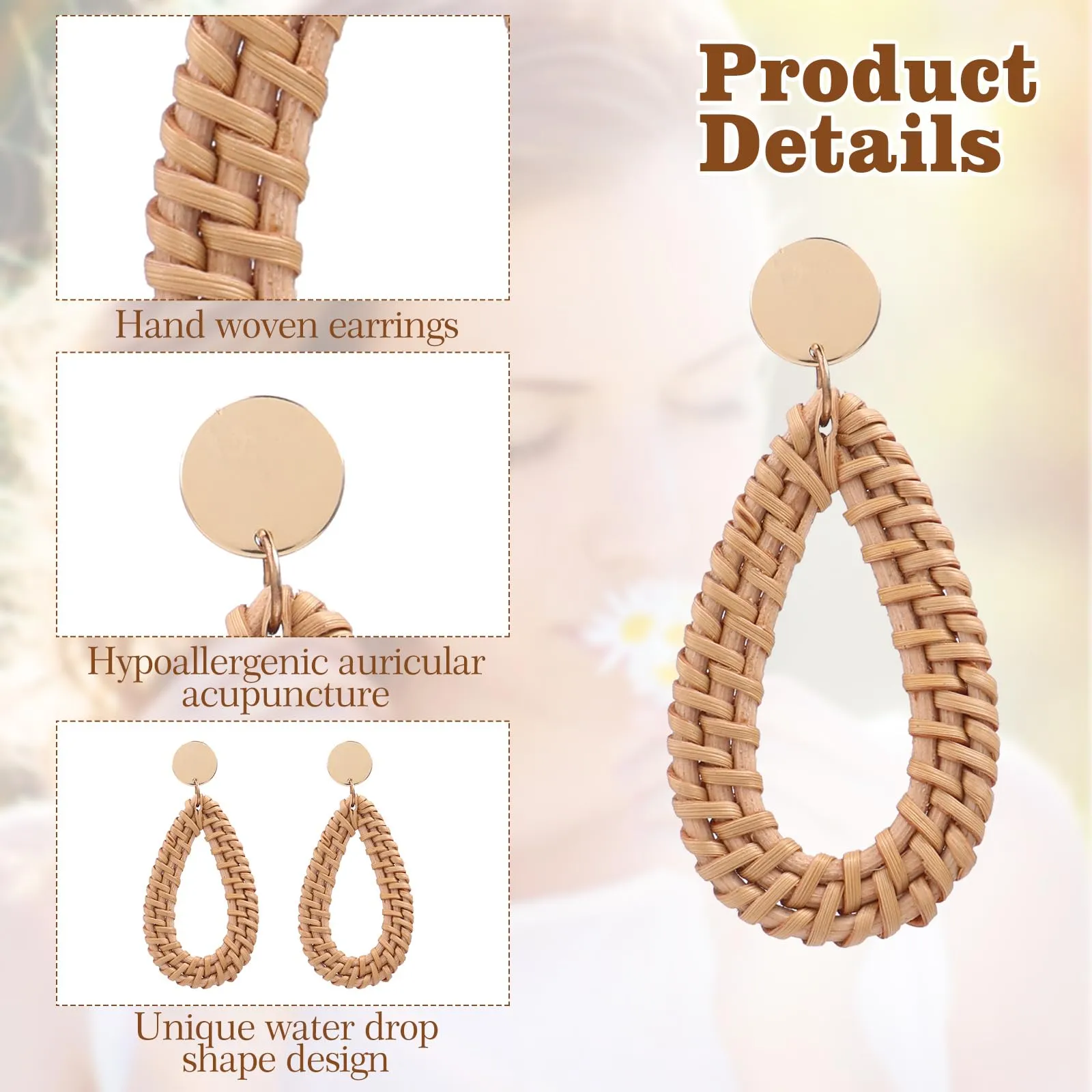 4 Pairs Rattan Earrings for Women Beach Earrings for Women Large Earrings Straw Earrings for Women Geometric Tassel Woven Bohemian Earrings Straw Wicker Braid Hoop Drop Dangle Earrings for Women