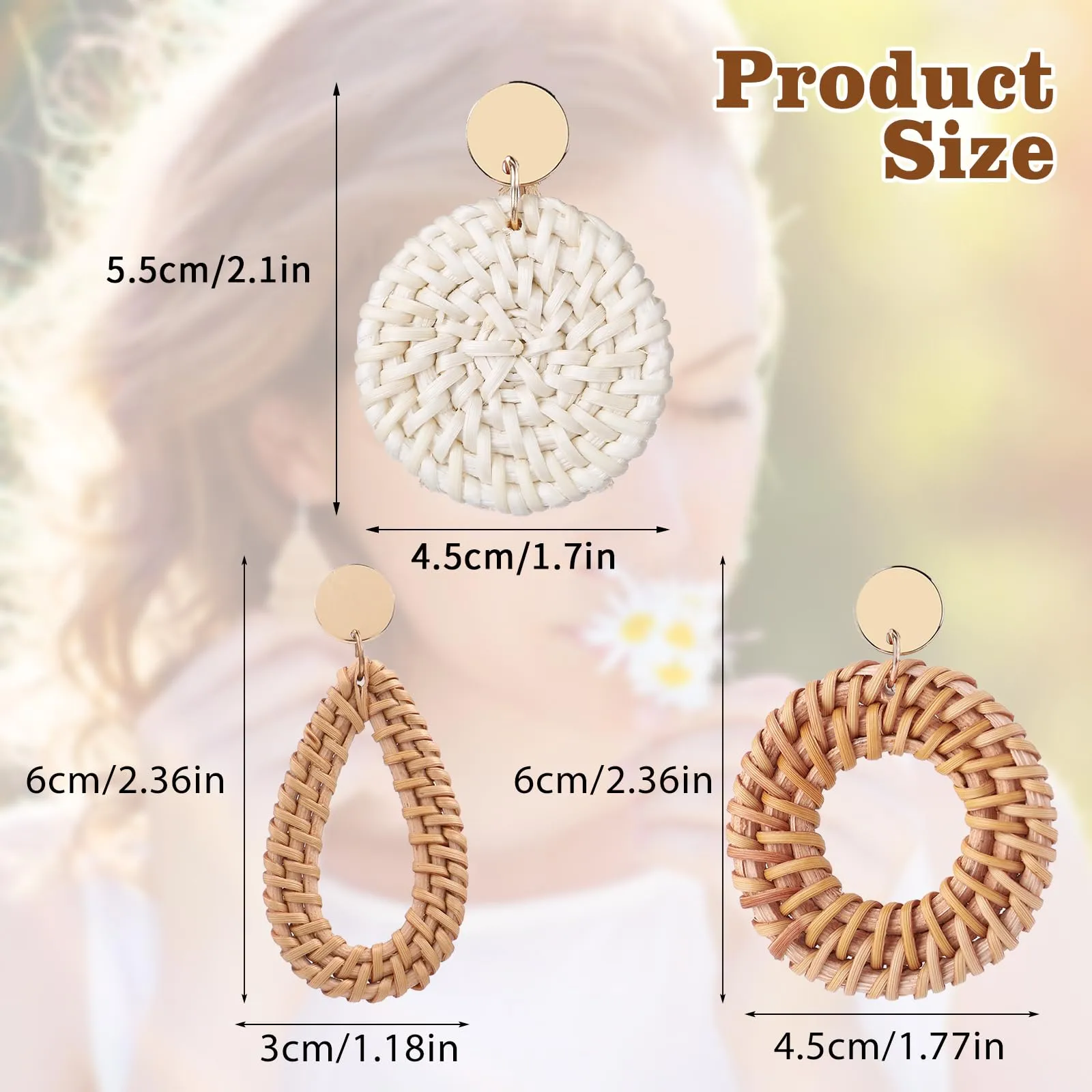 4 Pairs Rattan Earrings for Women Beach Earrings for Women Large Earrings Straw Earrings for Women Geometric Tassel Woven Bohemian Earrings Straw Wicker Braid Hoop Drop Dangle Earrings for Women