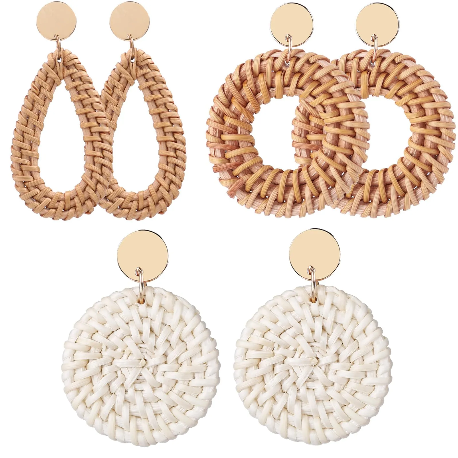 4 Pairs Rattan Earrings for Women Beach Earrings for Women Large Earrings Straw Earrings for Women Geometric Tassel Woven Bohemian Earrings Straw Wicker Braid Hoop Drop Dangle Earrings for Women